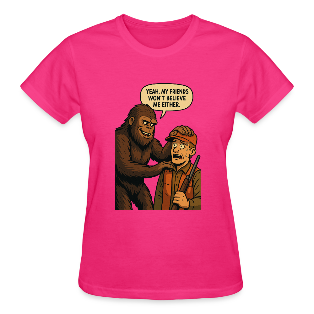 Bigfoot And His New Friend Ladies T-Shirt - fuchsia