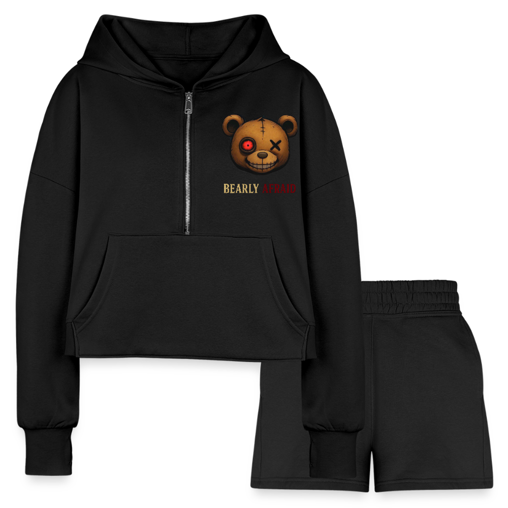 Bearly Afraid Women’s Cropped Hoodie & Jogger Short Set - black