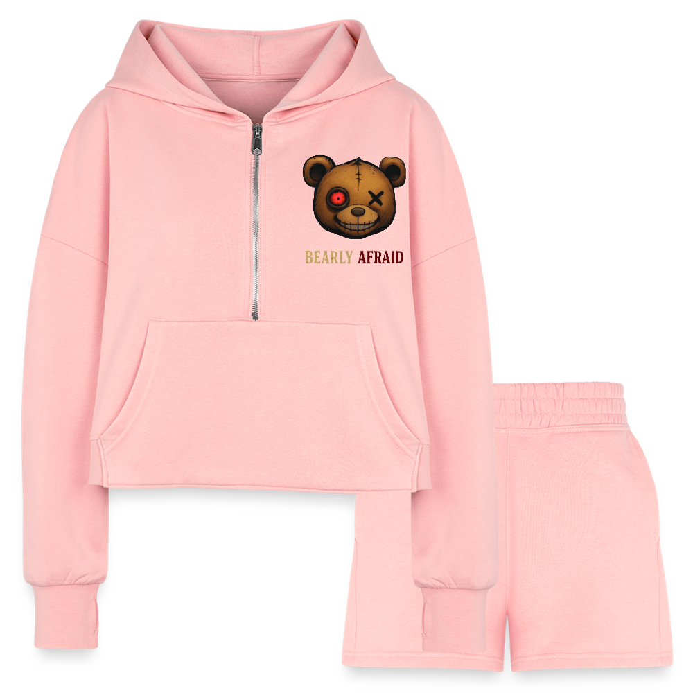 Bearly Afraid Women’s Cropped Hoodie & Jogger Short Set - light pink