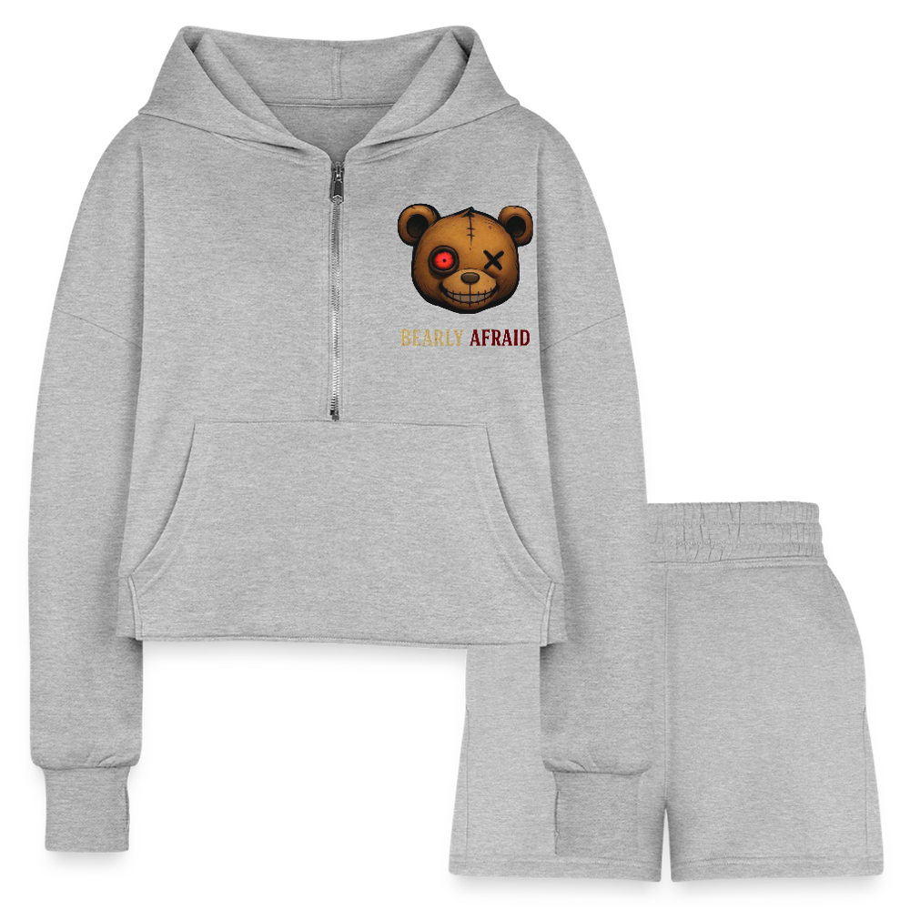 Bearly Afraid Women’s Cropped Hoodie & Jogger Short Set - heather gray