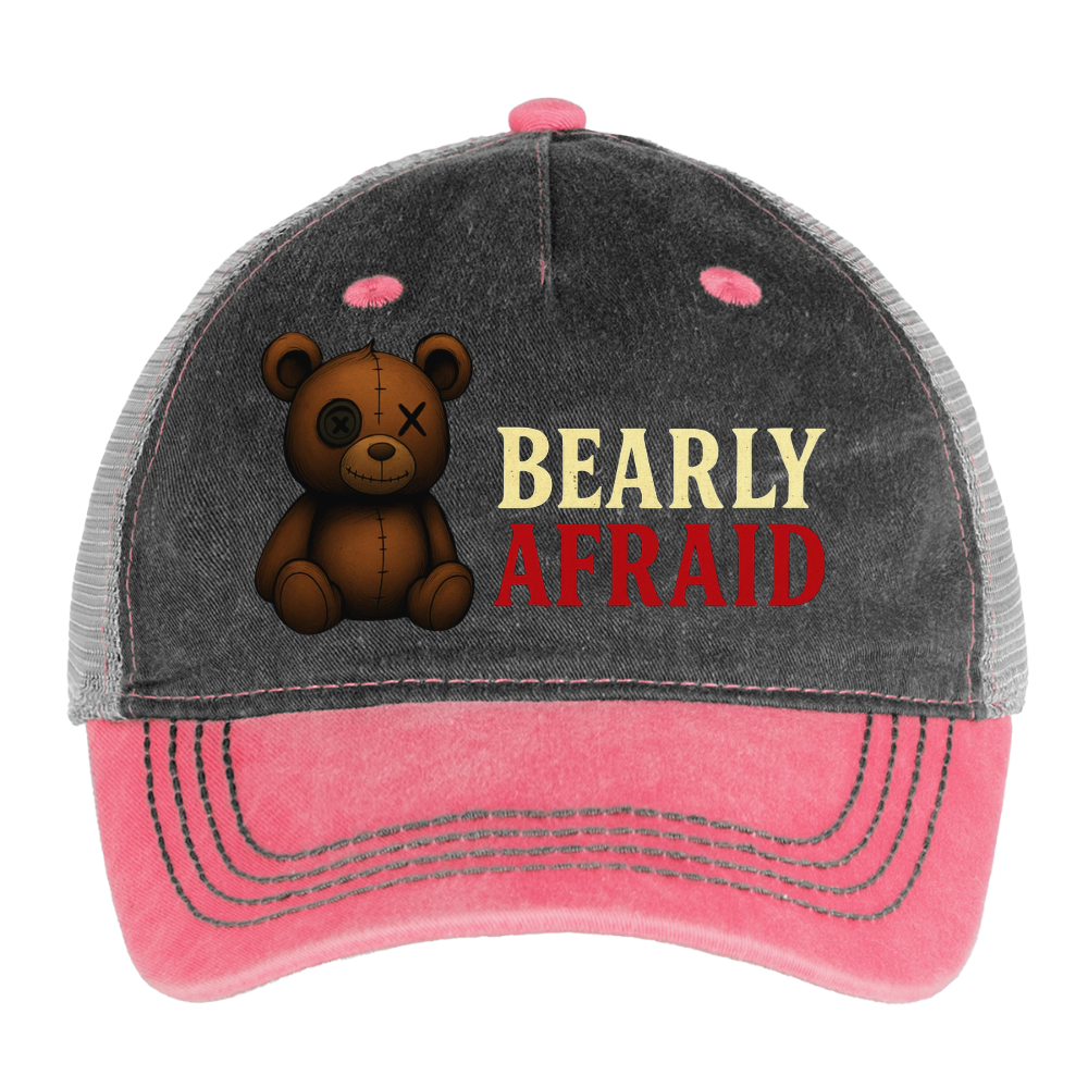 Bearly Afraid Pigment Dyed Trucker Hat - washed pink / silver 