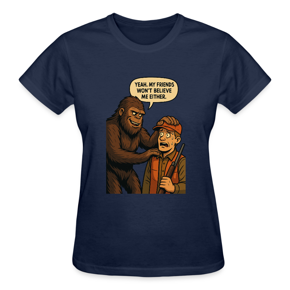 Bigfoot And His New Friend Ladies T-Shirt - navy