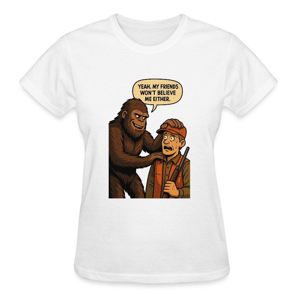 Bigfoot And His New Friend Ladies T-Shirt - white
